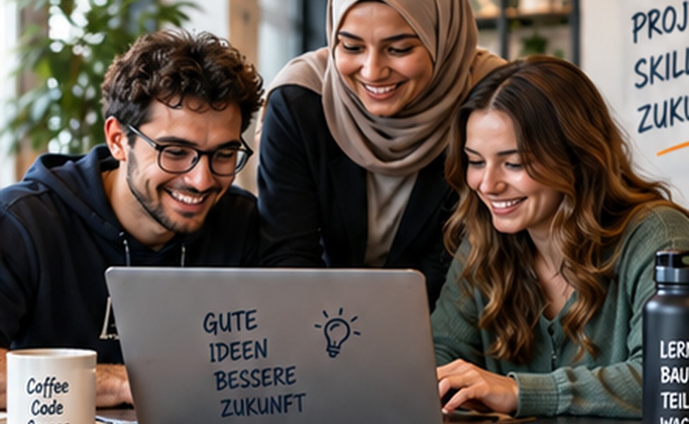 Lernende arbeiten gemeinsam an einem Laptop